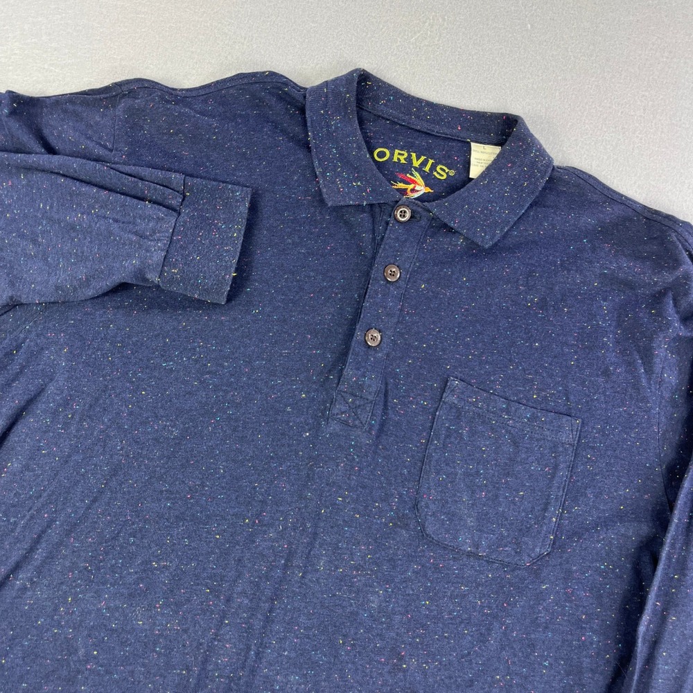 Orvis Long‎ Sleeve Speckled Polo Shirt Men's Blue Pocket Casual Size L
